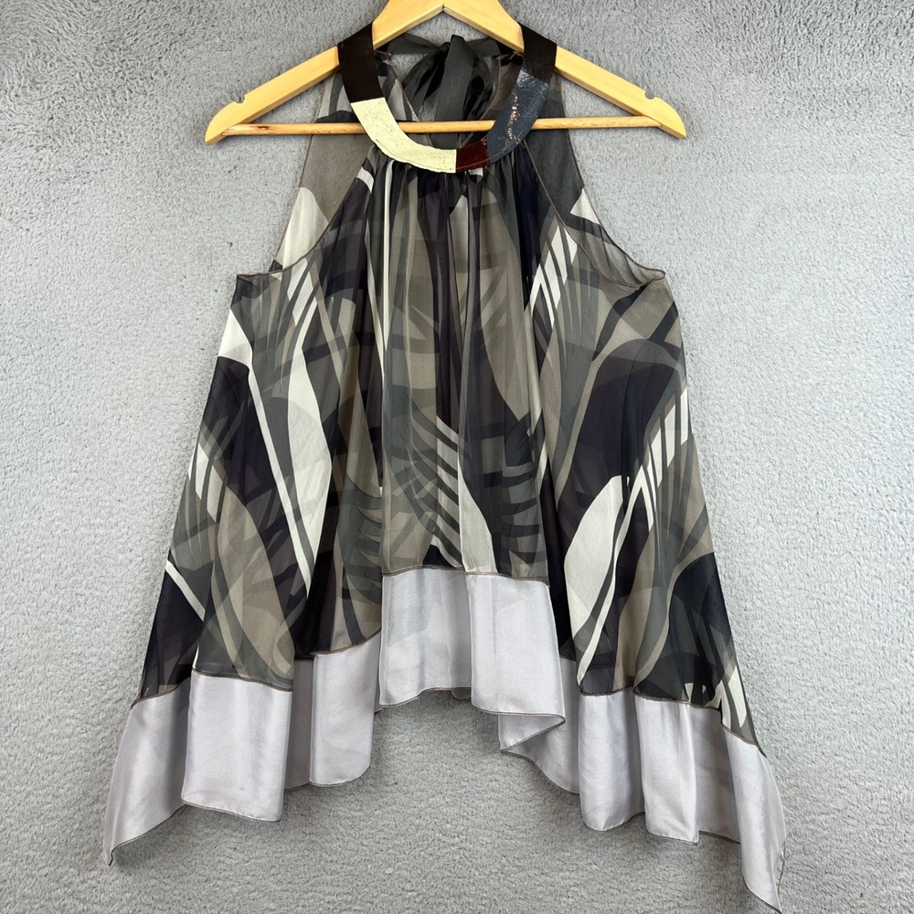 Rozae Nichols Silk Abstract Print Halter Top Grey Black Tiered Hem Small USA
